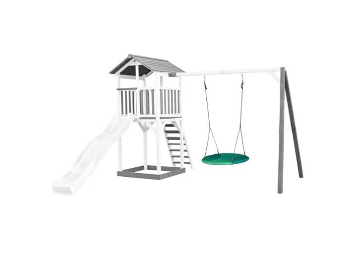 AXI Beach Tower Grau & Weiß mit Weißer Rutsche & Schaukel Spielplatz, Spielturm mit Sandkasten & Nestschaukel in Grün, FSC Holz, Podesthöhe: 117,5 cm