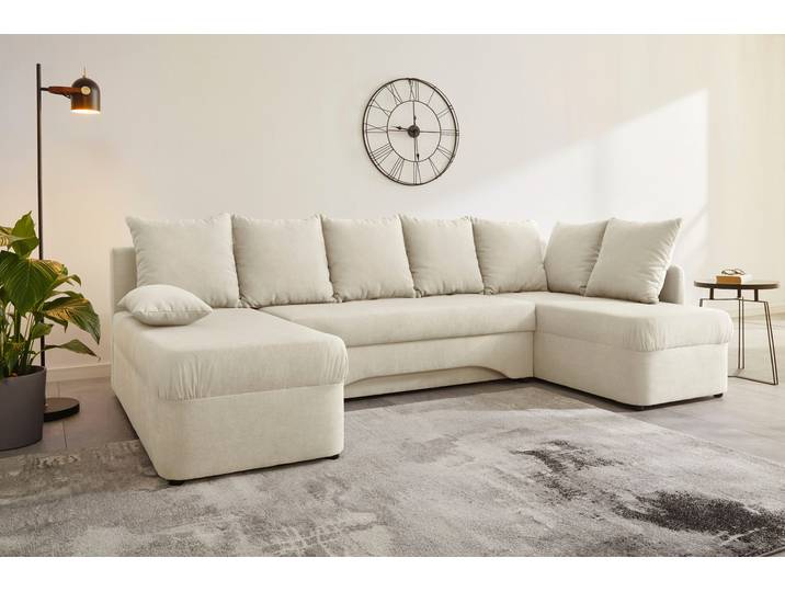 Wohnlandschaft JOCKENHÖFER GRUPPE Arktis U-Form, B: 260 cm, auch in Cord , beige 485, 07, B:260cm H:87cm T:142cm, Korpus: 100% Polyester;Kissen: 100% Polyester, Sofas, Wohnlandschaft, Sofa mit Bettkasten & Schlaffunktion, zahlreiche Kissen