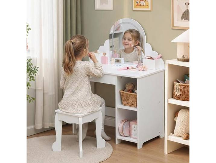 GarveeMore Kinderschminktisch mit Spiegel und Hocker, Robustes Holz Schminktisch Mädchen mit Beleuchtung & Spielzeug-Schminkset, Wellenrand Kosmetiktisch Kinder Möbel 3-9 Jahre, Weiß