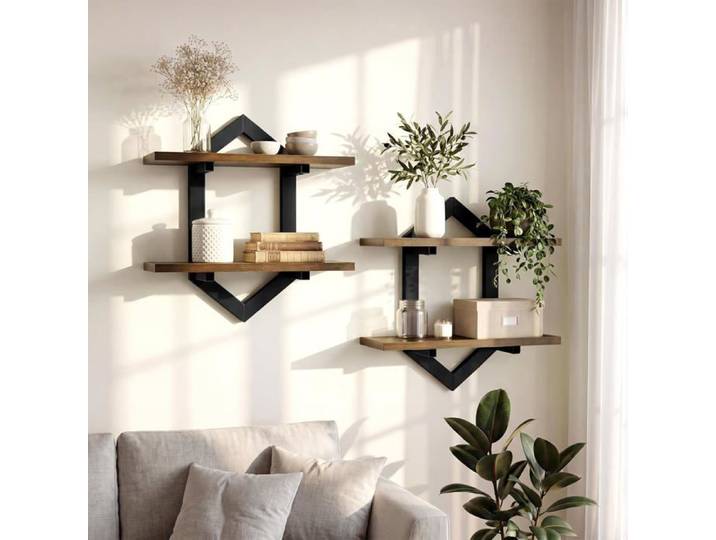 2 Ensembles Étagère Murale Étagère Flottante En Bois Et Métal Design Losanges Diy Déco Tablette Flottante Pour Salon Cuisine[BI241]