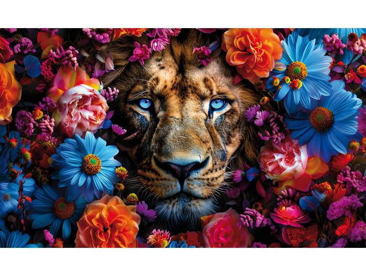 Leinwandbild BÖNNINGHOFF Wandbild LÖWE MIT BLUMEN XXL 90x150 cm – Leinwandbild Keilrahmen Deko , farbe bild(er): orange, blau, grün, lila, B:150cm H:90cm T:4,5cm, Canvas, MDF, Bilder, Leinwandbild, auf Keilrahmen gespannt