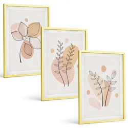 BILDER SET 3er Set - 40x60 cm Goldrahmen - Pastellfarbene Pflanzenzeichnungen