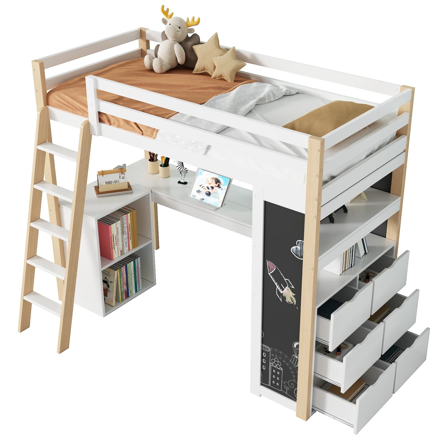 Kinderhochbett, Multifunktionales Kinderbett, Mit Leiter, Schreibtisch, Ablagefach, Großraumschublade, Tafel, Regal,Weiß + Natur, 90*200