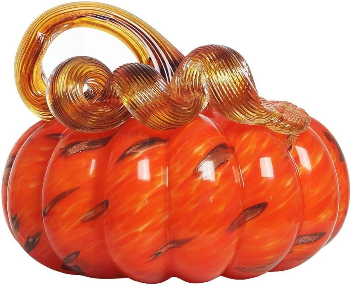Oranje Glazen Pompoen Beeldje - Handgeblazen Kristallen Decoratie voor op Tafel - 10 x 10 cm