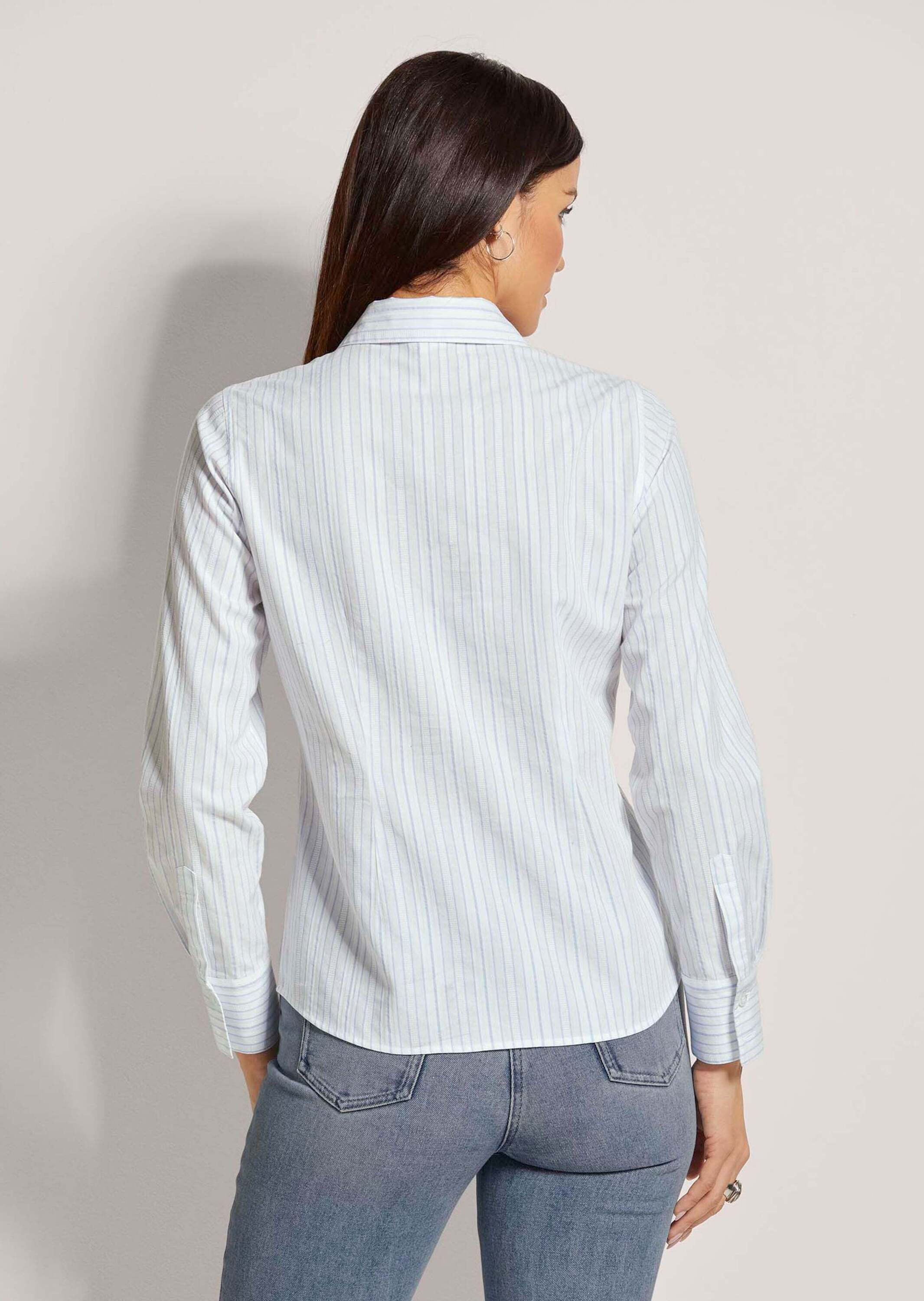 Hemdbluse MADELEINE "Bluse Hemdbluse mit Streifen", Damen, Gr. 46, weiß (weiß, rauchblau), Obermaterial: 100% Baumwolle CO., Modern, normal, Blusen Hemdbluse