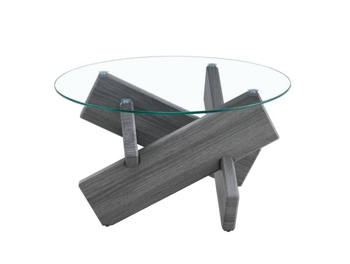 Table basse en verre transparent avec piètement croisé gris