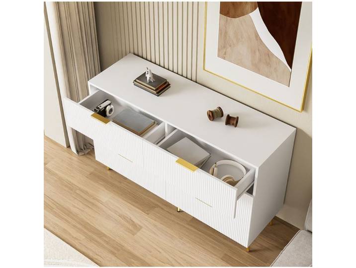 Buffet bas 6 tiroirs AESVAR 120 x 40 x 77 cm blanc et doré design moderne