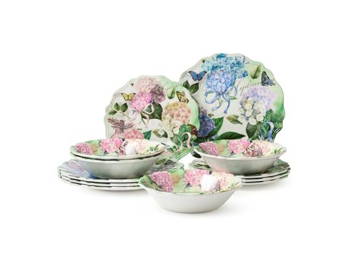 Garden Path Melamin-Geschirr-Set, Hortensien-Design, Service für 4 Personen mit Speisetellern, Salattellern und Schüsseln, langlebig, leicht und spülmaschinenfest, 12-teilig