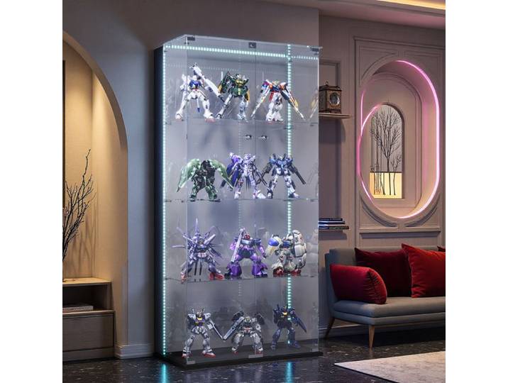 Vitrine en verre - Vitrine LED 2 portes - 4 étagères - 163x78x35 cm - Noir