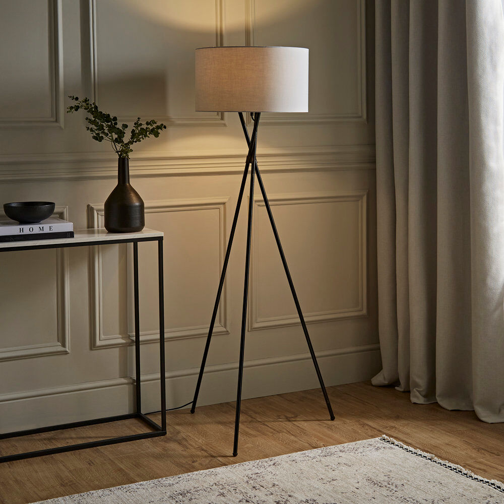 Latitude Run Misner 155cm Camden Tripod Floor Lamp with Large Reni Shade Beige/Black 153cm H X 62cm W X 62cm D