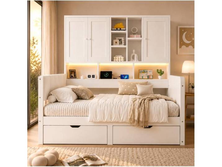 ROVRYN Lit combiné 140x200 avec rangements LED intégrée ports USB et USB-C tête de lit PU blanc
