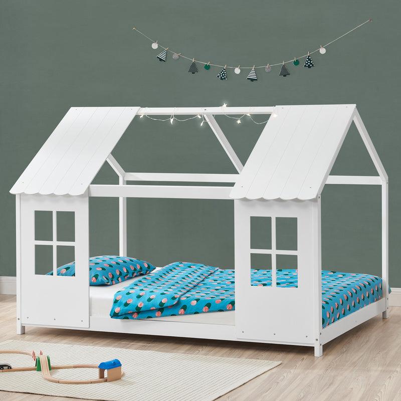 Kinderbett, Etagenbett, 140x200 cm, Weiß, Massivholz (Kiefer), Halbhohes Design mit Lattenrost