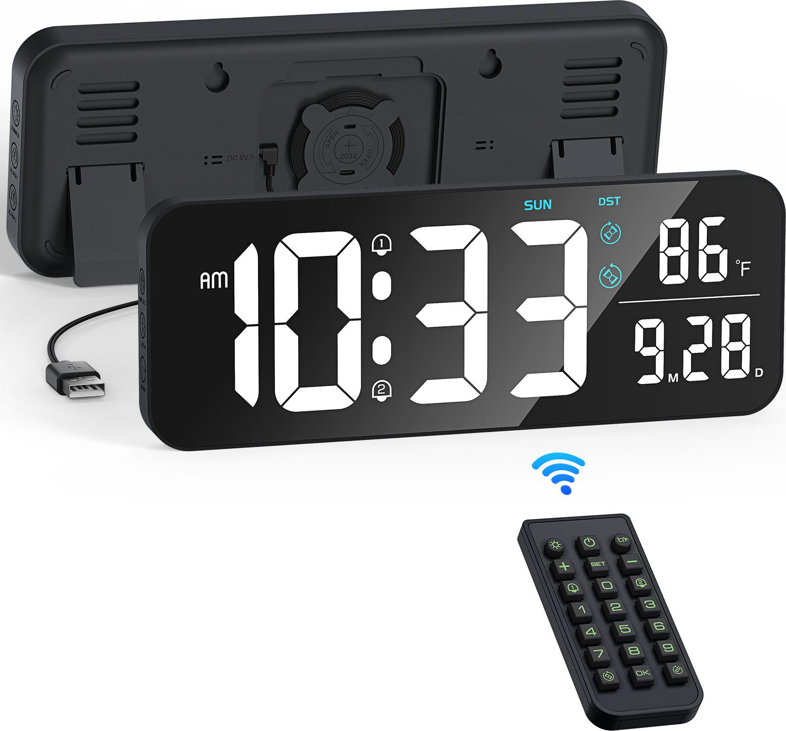 EDUP Grote elektronische LED-wandklok en tafelklok met 3D-wekker en thermometer, zwart