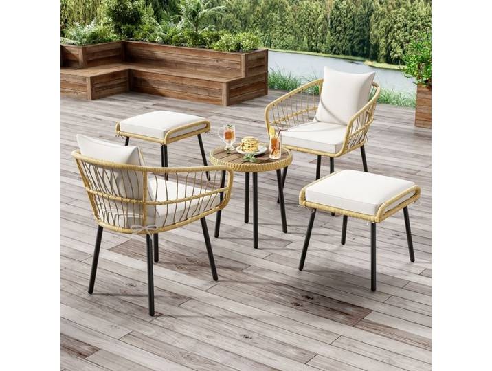 Salon de jardin - KOMHTOM - 5 pièces - Rotin naturel - Blanc & naturel - Avec coussins