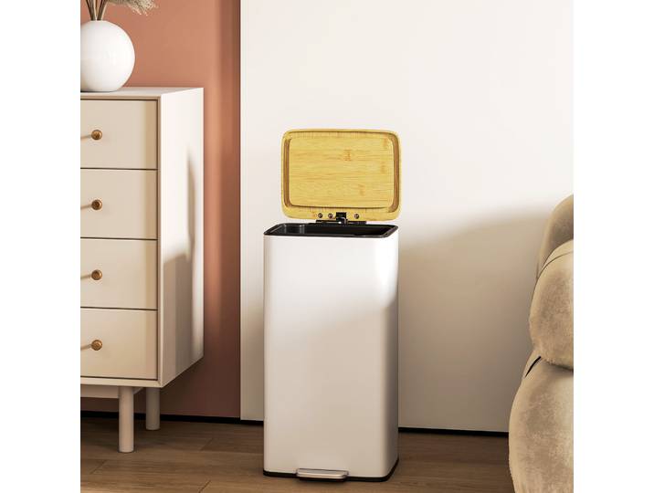 HOMCOM Poubelle Cuisine 20L Pédale Fermeture Douce Blanc/Naturel