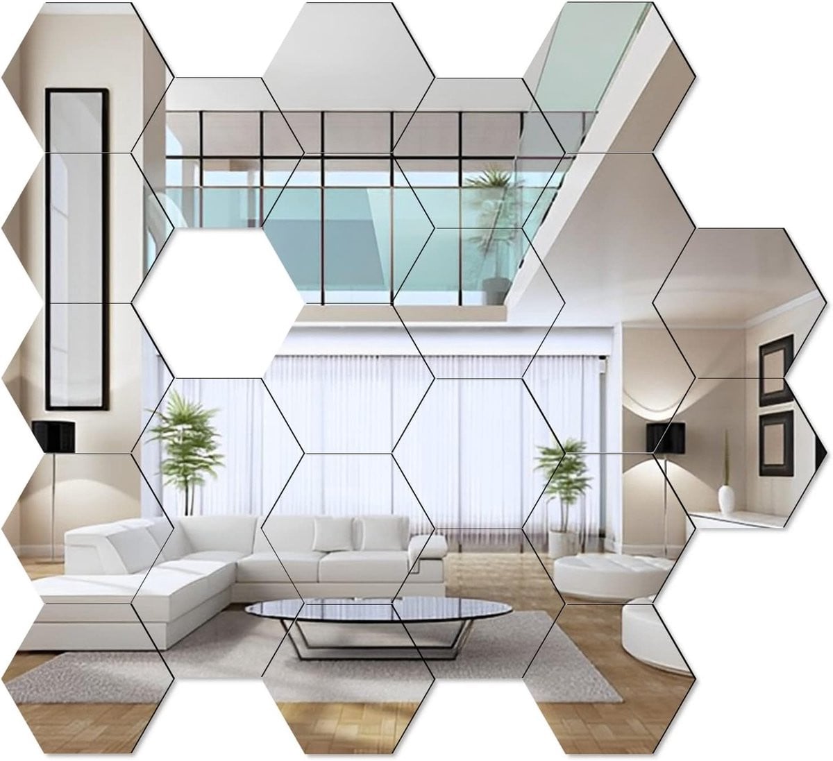 Set van 24 zilverkleurige hexagon spiegel wandstickers van acryl voor jouw interieur