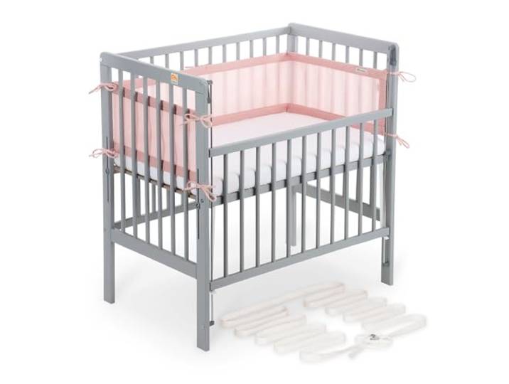 FabiMax Boxspring Baby Beistellbett Flex 90x55, aus Buchenholz grau lackiert, mit innovativem verstellbarem Seitengitter, passend für Boxspringbetten (Matratze Comfort, Rosa)