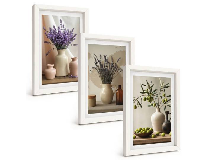 Tulup Bilder SET 3er Set - 20x30 cm Weißer Rahmen - Lavendelblüten, Oliven, Gefäße, Kunststoff, Rechteckig, 20x30 cm, Fotografie, Bilder & Rahmen, Bilder