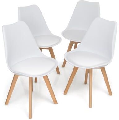 Costway Set of 4 Dining Chairs Mid-Century Modern Shell PU Seat with Wooden Legs-White