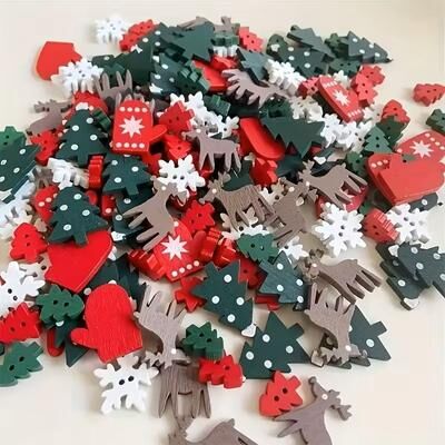 Inspire Select 50 Piece Christmas Wooden Buttons Set Assorted Decorative Embellishments For Sewing And DIY Decor a 50 Pcs