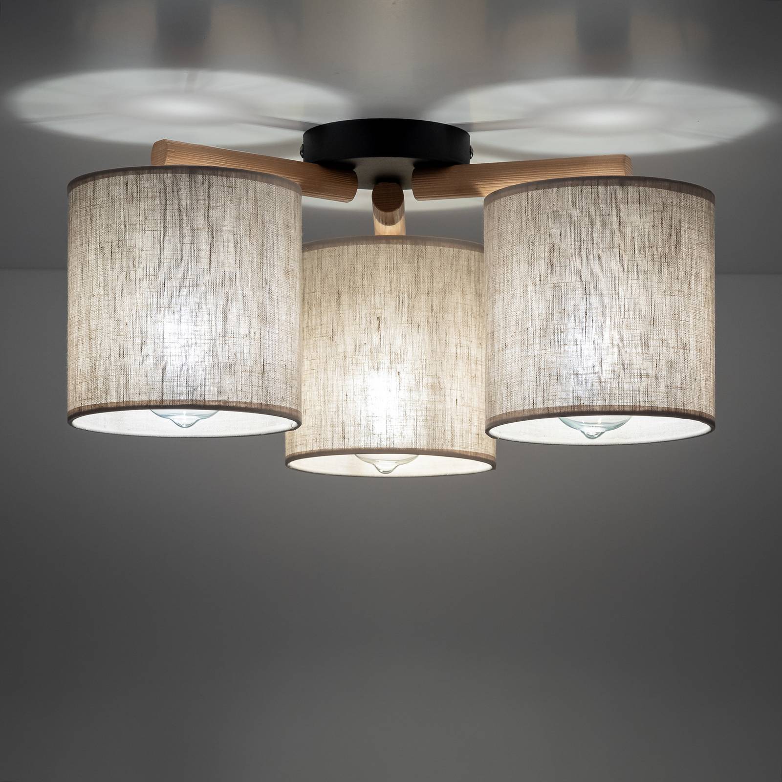 Deva ceiling lamp, textile, 3-bulb TK Lighting, dimmable, Light wood, Living / Dining Room, Wood, Scandinavian, Ceiling Light