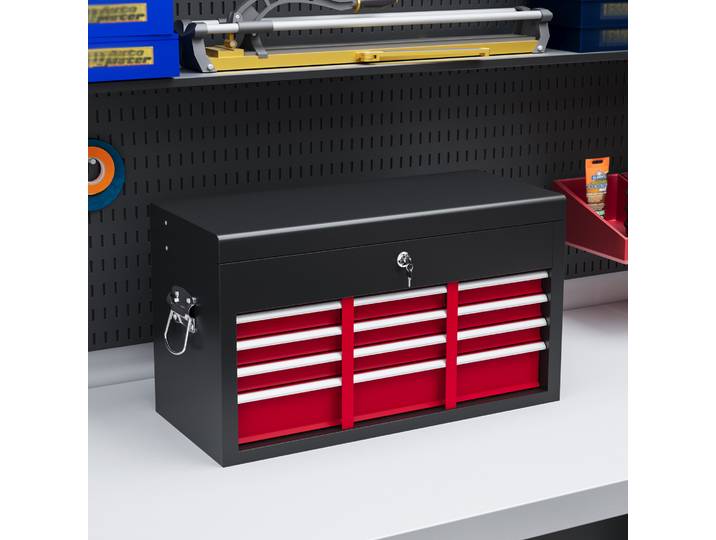 HOMCOM Caisse à outils, verrouillable, 3 tiroirs, boîtier en acier, 60x26x34cm, Rouge et Noir
