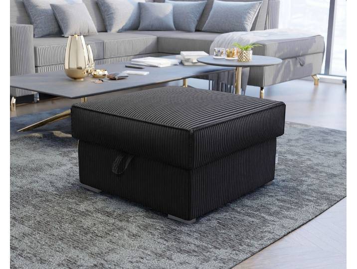 Schwarzer stilvoller FERA-Pouf, Kordausführung und großes Staufach, stilvoller Hocker