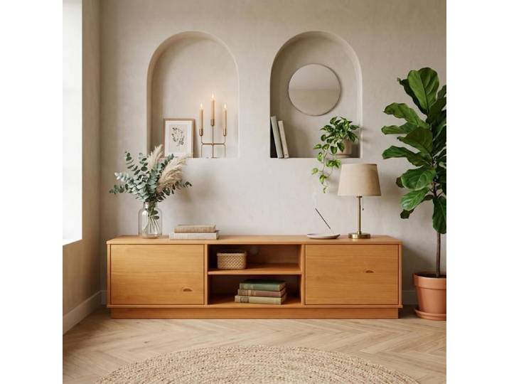 Meuble TV MAITE L 170 cm en Bois Massif Coloris Chêne avec 2 Portes et 2 Niches Pour Télé Jusqu'à 75  Portes Push-to-Open
