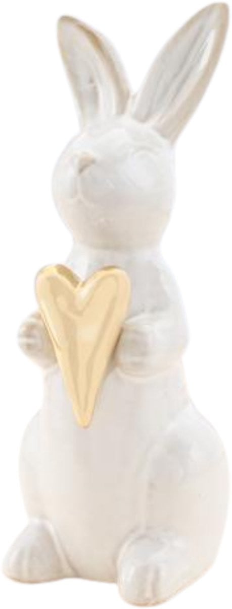 Wit porseleinen paashaas decoratie met gouden hart, Hoogte: 15 cm