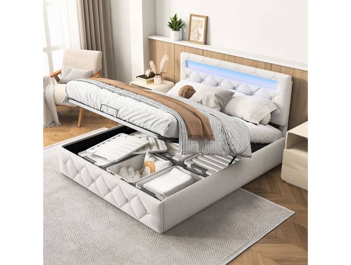 Structure de lit - SHAODENG - 160x200 cm - avec USB - LED - Cadre de lit double 160x200cm Lit coffre Beige