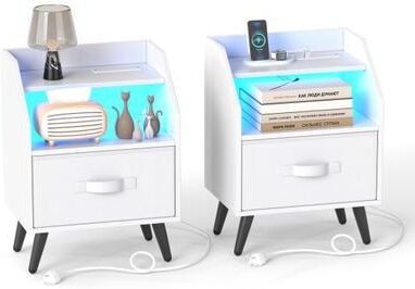 Costway Set Of 2 Nightstands with LED Lights and Power Outlets for Living Room-White