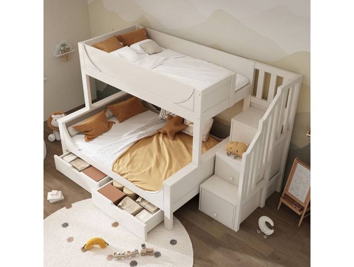 Lit superposé enfants 90x200 cm et 140x200 cm - lit superposé bois avec rangement - escalier avec rangement - 2 tiroirs - blanc