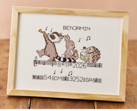 Stickbild Geburt "Musik & Waldtiere", 24 x 18 cm