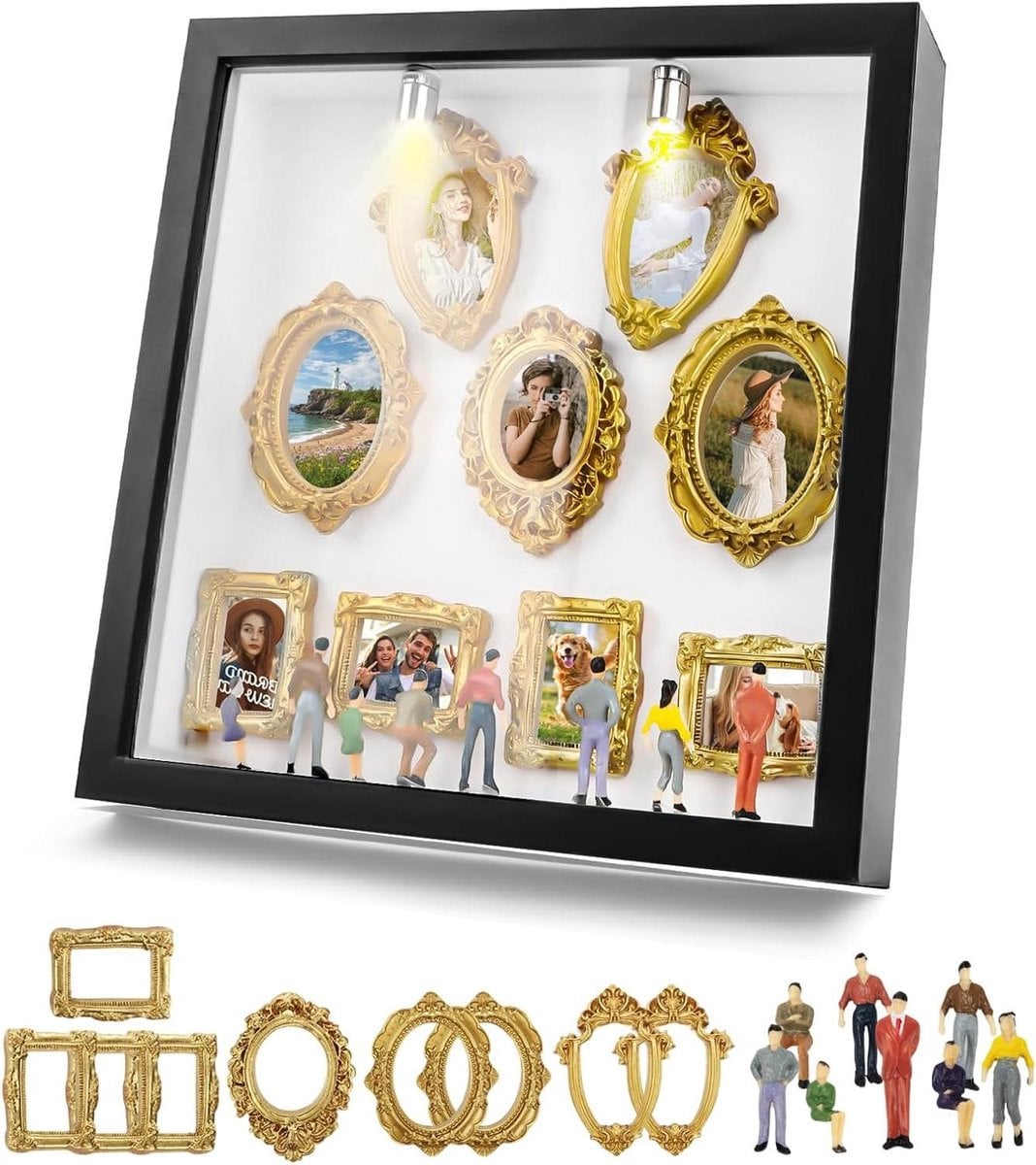 Mini Museum Schaduwdoos Doe-het-zelf Vitrine met Led Licht - Goud - 20 cm