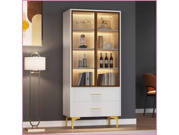 Vitrine en Verre Élégante à Deux Portes - LED 16 Couleurs Étagères Ajustables Pattes Dorées 2 Tiroirs - Blanc 70x35x150 cm