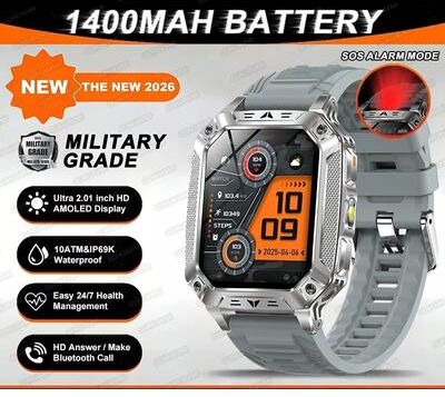 Uplift Essentials "TANK Ultra Military Smart Watch 1400mAh Battery & 2.01"" AMOLED 10ATM Waterproof GPS Tactical SmartWatch grey"