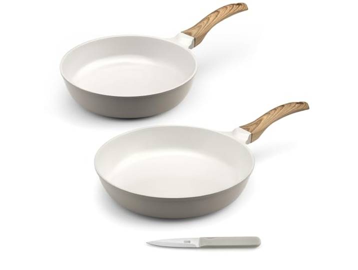 Cuisinox - Mythic – Back- und Besteck-Set – Bratpfanne 24/28 cm, Gemüsemesser – weiße Keramikbeschichtung – fester Soft-Touch-Griff in Holzoptik – ohne PFOA und PFAS