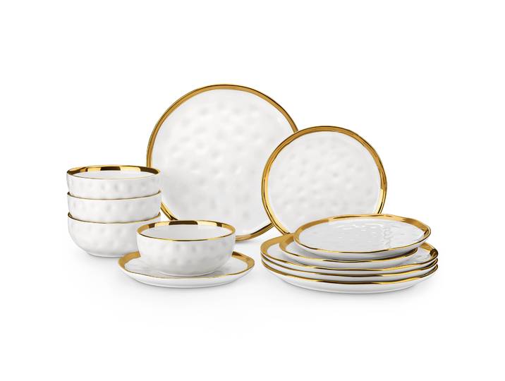 LOVECASA .co.jp-Service de table en porcelaine blanche et dorée, vaisselle en céramique avec 12/24 assiettes queplate/dessert/bols à céréales pour 4, 4/8 pièces