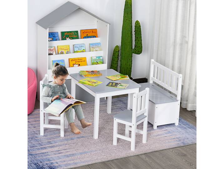 HOMCOM Set Enfant Table 2 Chaises Banc Coffre MDF