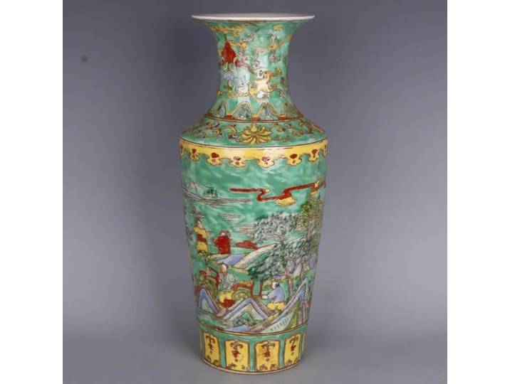 Qing Kangxi vert sol Pastel Figure Vase chine Antique porcelaine maison Style chinois porcelaine Vintage bouteille décoration de la maison