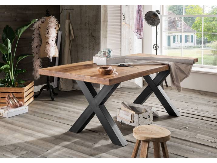 Massives Esstisch-System in Wildeiche - aufgedoppelt 20 + 20 mm, Gestell X-Form – 3%-Vorkasse-Rabatt