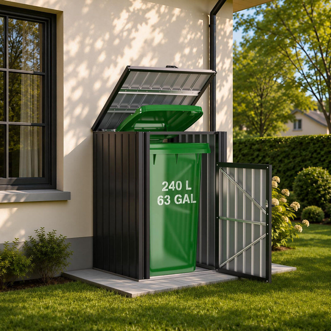 YODOLLA Lockable Weatherproof Outdoor Bin Store With Gas Lift Lid Dark Grey 90cm W X 80cm D X 124.5cm H