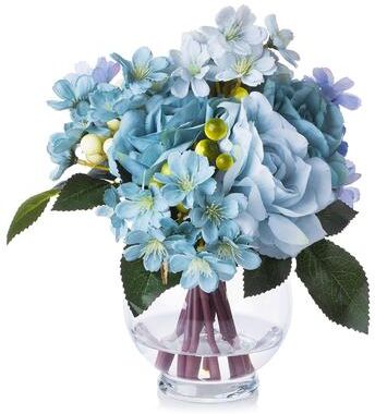 Enova Home Mixed Artificial Silk Roses Fake Flowers Arrangement in Clear Glass Vase Wwth Faux Water for Home Decoration