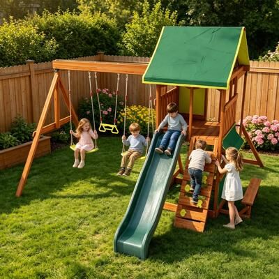 AOXUN Premium Outdoor Wooden Swing Set with Green Canopy, Wave Slide, Play Deck, Rock Wall and Monkey Bars