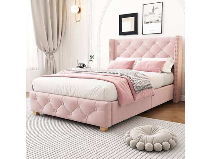 Merax Polsterbett 90x200cm mit Lattenrost und Kopfteil, Knopfpolsterung & Nietenverzierung, Holzbeine, Elegantes Design, Samt, Rosa (ohne Matratze)