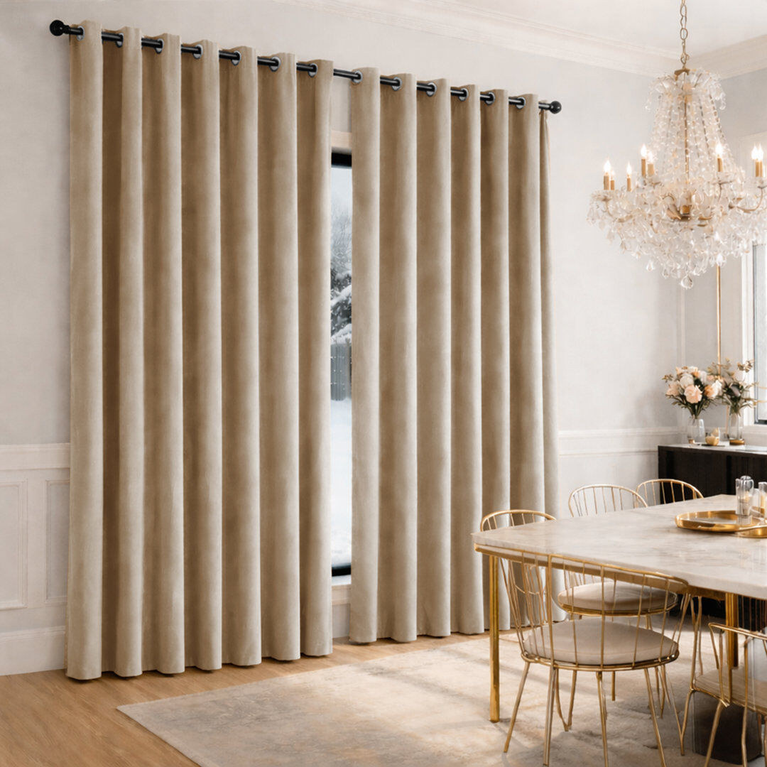 MOONLIGHT BEDDING Heavy Velvet Eyelet Ready Made Thermal Drapes & Curtains Beige 228cm Width x 228cm Drop