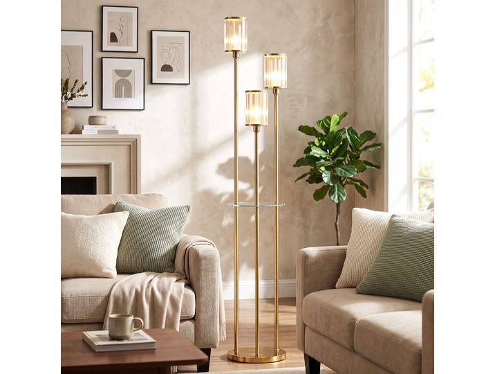 HOMCOM Lampadaire Étagère 3 Lumières Verre Doré