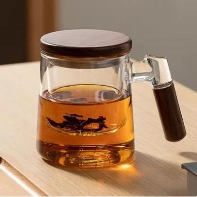 Uplift Treasures 400ml Glass Tea Cup With Walnut Handle And Filter clear 400ml