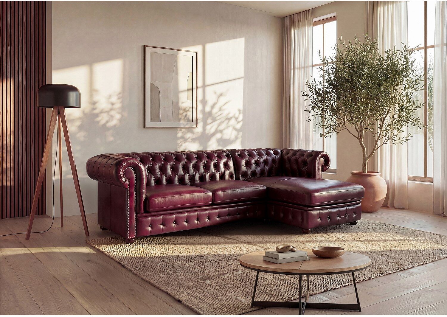 Unique Sofá rinconera chesterfield BRENTON 100% piel de búfalo - Cherry - Ángulo derecho