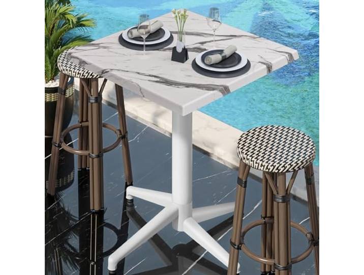 GGMMÖBEL WAP Bistro Außen Stehtisch B:T:H 70 x 70 x 109 cm Weiß Marmor/Weiß Quadratisch Klappbar Bistro Stehtisch Gastro Tisch